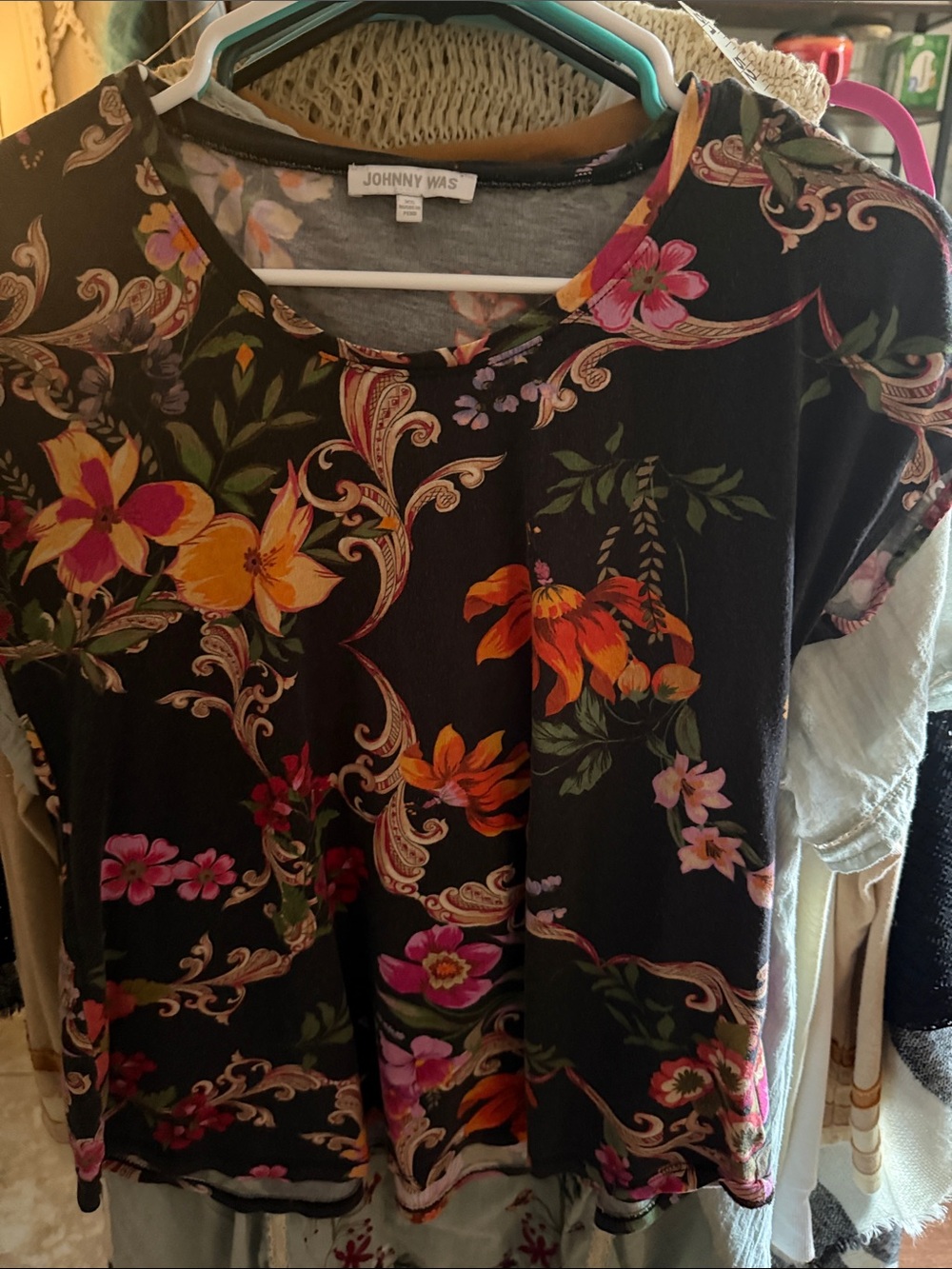Johnny Was Black Floral Short Sleeve Tee with Multicolor Blooms